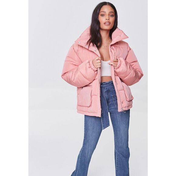 Pink blush puffer bubble zip up jacket Size Large New - Picture 1 of 9